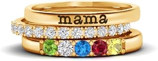 12 Birthstone Personalized Ring Set, Custom Name Engraved 3-Piece Stackable Rings, Personalized Birthstone Jewelry for Women, Mother, Family, Birthday & Anniversary US 5-13