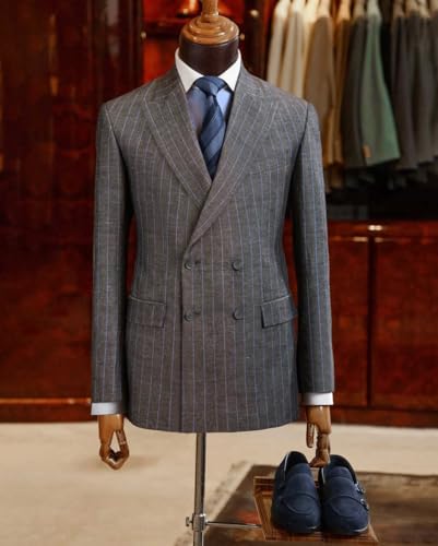 Men's Double-Breasted Pinstripe Suit, Gray Business Professional, 2-Piece Formal Wear with Blazer and Trousers2