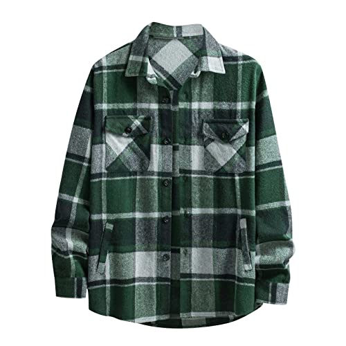 XUNRYAN Mens Flannel Shacket Jacket Plaid Long Sleeve Shirts Casual Dressy Tops Wool-Blend Blouse Button Down Coat Outerwear