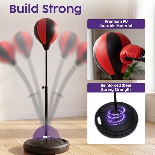 Punching Bag for Kids with Stand, 3FT Adjustable Boxing Set with Permium Gloves, Freestanding Reflex Punching Bag, Easy Assembly Kids Boxing Equipment for Active Play and Training