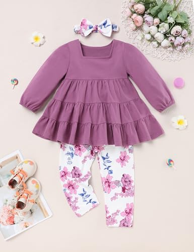 Image of Baby Girl Clothes Ruffle Floral Top and Pants Toddler Baby Girl Clothes 3Pcs Fall Baby Girl Outfits