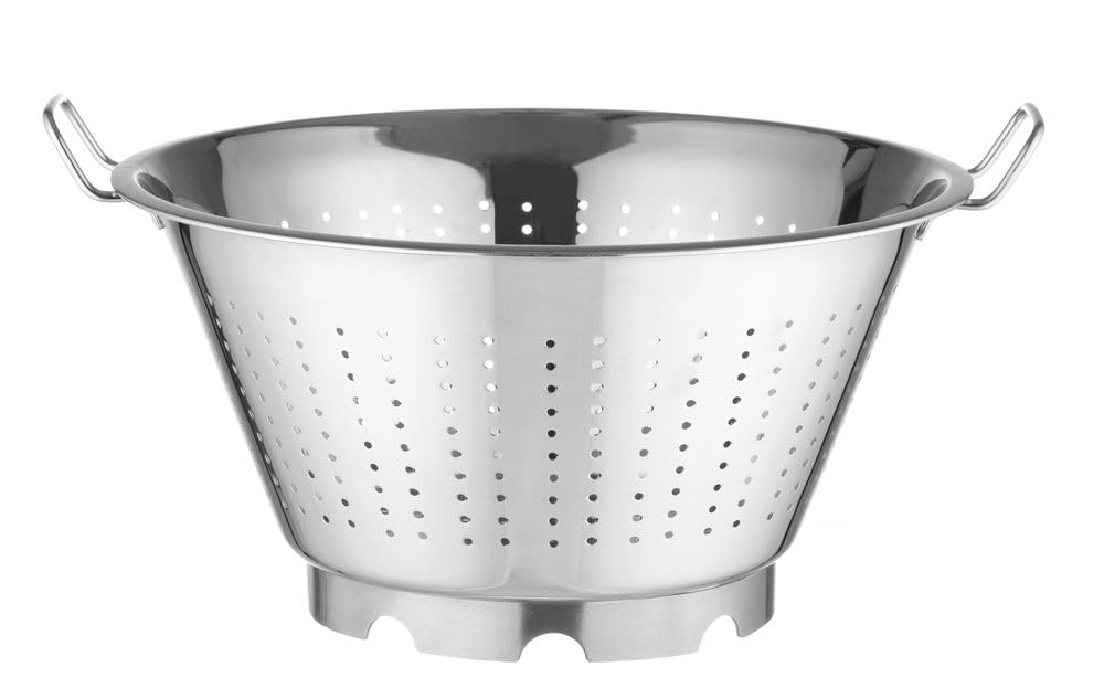 HENDI Escurridor de cocina, colador, para cocinar, lavar, pasta, fideos, espaguetis, frutas, verduras, ensaladas, redondo, perforado, con base y 2 asas, ø365x(H)185 mm, acero inoxidable