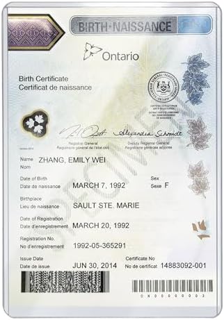 Canadian Birth Certificate Holder, 5 x 7 Inch Clear Plastic Cover (1)