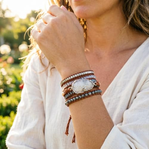 Image of YGLINE Natural Stone Beaded Healing Wax String 5 Wraps Bracelets