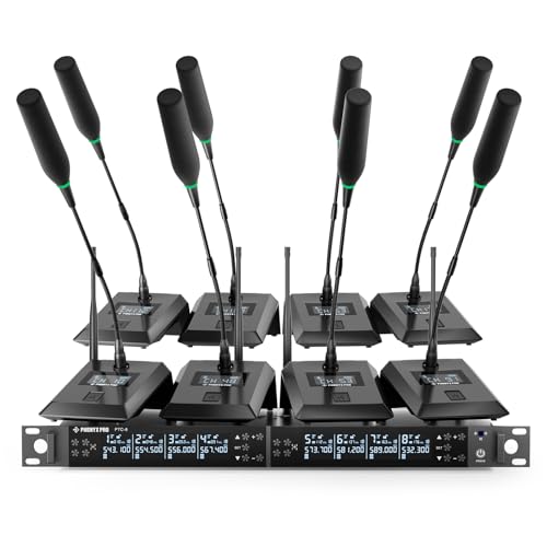 Phenyx Pro 8-Channel Wireless Conference Microphone System, Wireless Podium Microphone with 8x25 UHF Frequencies, Auto Scan, 8 Gooseneck Mics for Lecture, Church, Conference, Public Speaking (PTC-8)