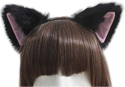 lasenersm Cat Fox Long Fur Ears Headband - Size: approx. 10x10cm, Color: Black fluff with Pink Inside, Material: Faux Fur, Costume Headband for Anime Cosplay Party Costume, Halloween, Carnival