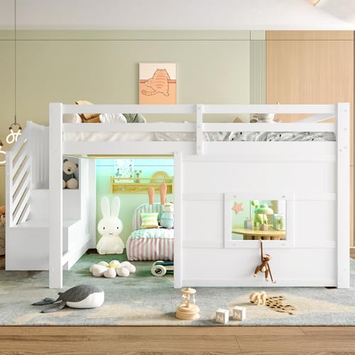 Idemon Cama alta de 140 x 200 cm con escalera de almacenamiento y ventana, color blanco