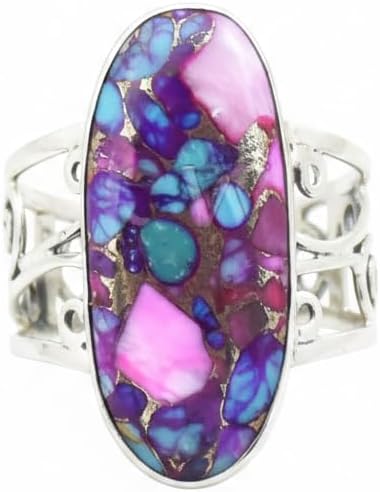 SA Jewellers Sterling Silver Oval Ring with Purple and Blue Turquoise, Handmade Filigree Band, Kingman Pink Dahlia Stone