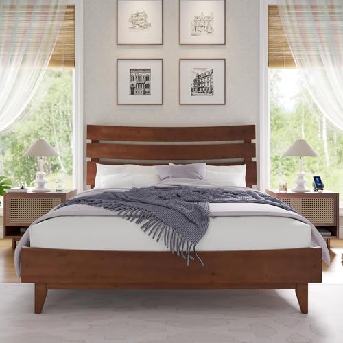 VanAcc Queen Size Solid Wood Bed Frame, Mid Century Platform Beds with Slatted Headboard, Wood Slat...
