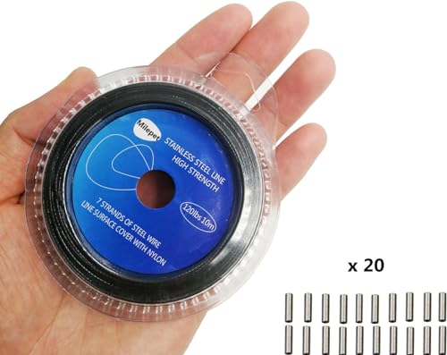 Fishing line Wire Leader Vinyl Coated Stainless Steel Trace Lures Leader Wire 10 Meter 5LB-150LB,with 20pcs Crimps Sleeves,Black & Silver Select (Black, 80LB)