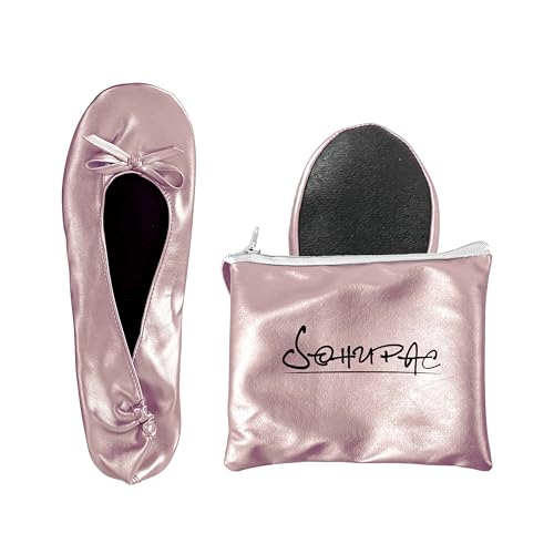 Women's Foldable Flats, Portable Ballet Flat Roll Up Slipper Shoes with Travel Pouch Bag for Ballerina Wedding (Pink Medium)