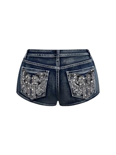 SOLY HUX Women's Y2k Sparkly Jeans Skinny Mini Denim Shorts