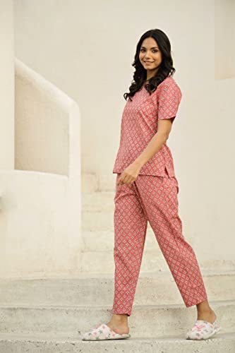 Image of SANSKRUTIHOMES Women's Premium 100% Cotton Printed Co-Ord Set | Short Sleeve Shirt & Pant Set | Pink Checkered Sun & Palm Tree Print | Casual Summer Resortwear, Vacation Wear & Comfortable Loungewear