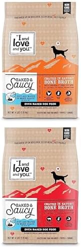 I AND LOVE AND YOU Baked and Saucy Dry Dog Food Bundle, Two 4 lb Bags, Grain Free with Bone Broth Coating, Real Meat and Sweet Potato, No Fillers