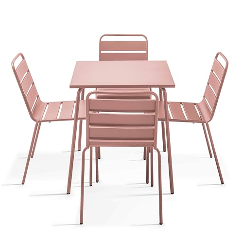 Oviala Palavas - Juego de mesa de jardín y 4 sillas de metal, color rosa