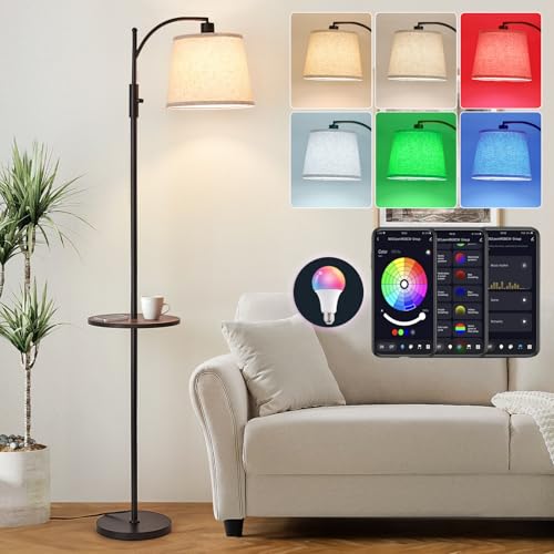 Image of AIDENOEY Smart Floor Lamp with Side Table | Stepless Dimming, RGB Multi-Color | Adjustable Swivel Head | Voice Control with Alexa & Google Assistant |Black Lamp for Living Room,Bedroom,Home Office