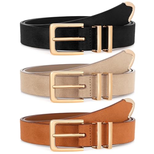 Image of XZQTIVE 3 Pack Women Belts For Jeans Dresses Pants Ladies Leather Waist Belt with Gold Buckle