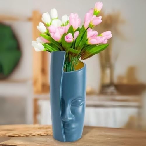 Image of SATYAM KRAFT 1 Pcs Face-Shaped Vase for Home Decor, Living Room, Office, Bedroom, Centre Table, Balcony,Ceramic Look Unbreakable Showpiece Flower Pot for Decorations (Blue) (Vase only) Size - 30 cm
