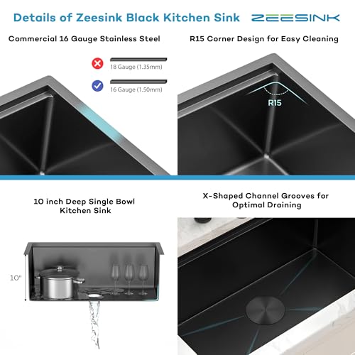 Image of 27 inch Undermount Kitchen Sink,16 Gauge Stainless Steel Black Kitchen Sink,Single Bowl Undermount Workstation Sinks (Black, 27 X 18 inch)