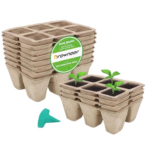 GROWNEER 72 Cells Peat Pots Seed Starter Trays 12 Packs Biodegradable Seedling Pots Germination Trays Organic Plant Starter Kit with 15 Pcs Plant Labels