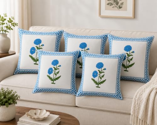 Image of Cotton Cushion Covers 16x16 Inch - Hand Block Floral Print Pillow Covers for Sofa, Couch & Bedroom (Pack of 5) (Lght Blue & White)