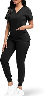 niaahinn Scrubs for Women Set Classic V-Neck Top and Yoga Jogger Pant Medical Nursing Uniform Scrubs Set (Black, S)