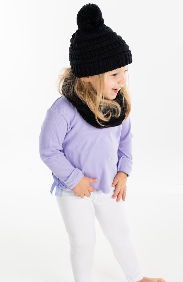 Image of Funky Junque Kids Winter Fleece Lined Neck Warmer Ribbed Knit Pom Pom Winter Beanie Bundle Cold Weather Gaiter Toddler