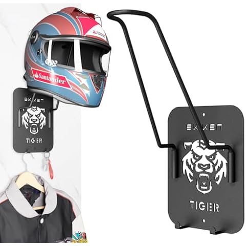 SKIKEN Wall Mounted Helmet Holder(Tiger), Metal Hanging Rack for Motorcycle Helmets, 2 Hooks, Wall Display Stand for Football Helmets Cover