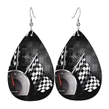 WHJDPP Pendientes de cuero con diseño de lágrima con estampado de bandera a cuadros, aretes colgantes ligeros para mujer, gotas de piel sintética vívidas con ganchos chapados en plata, llamativos