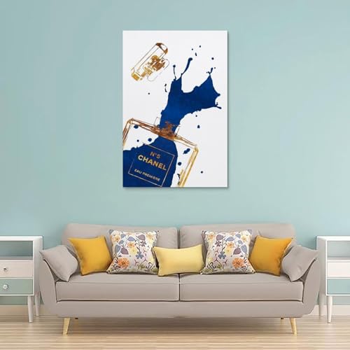 Image of BanLaArt Fashion Gold Perfume Bottle With Navy Blue Splash Canvas Print Poster Decorative Painting Canvas Wall Art Picture Print Modern Family Bedroom Decor 12x18inch(30x45cm), style-1