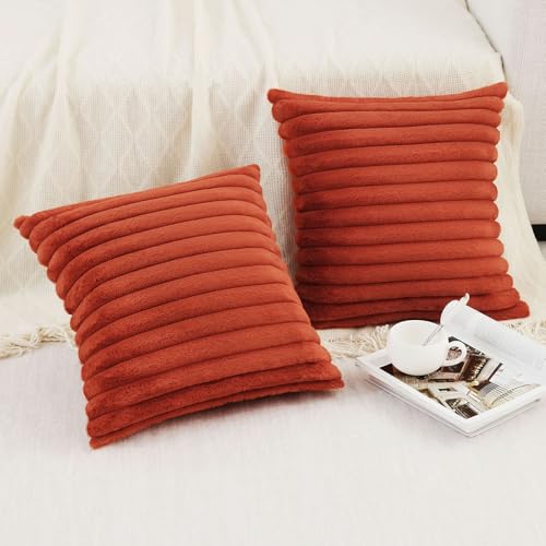 Pallene Faux Fur Plush Fall Throw Pillow Covers 20x20 Set of 2, Luxury Soft Fluffy Striped Decorative Pillow Covers for Sofa, Couch, Living Room, Rust