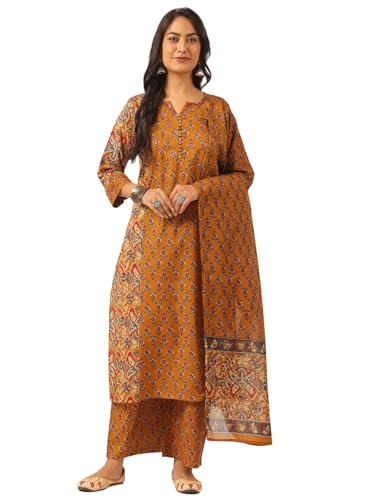 Image of Vbuyz Women's Printed & Embellished & Mirror Work Straight Cotton Stitched Kurta set | Straight Kurta Pant Dupatta | Kurta Set with Dupatta for Women | Suit Set | Ethnic Set | Printed Kurta Set