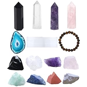 Luckeeper 15pcs Healing Crystals and Stones, Included 4pcs Crystal Wands, 8pcs Raw Stones, Selenite, Polished Agate and Tiger Eye Bracelet in Gift Box