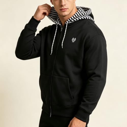 Mens Full Zip Hoodie Contrast Hood Kangaroo Pockets Streetwear Sweatshirt - image 3
