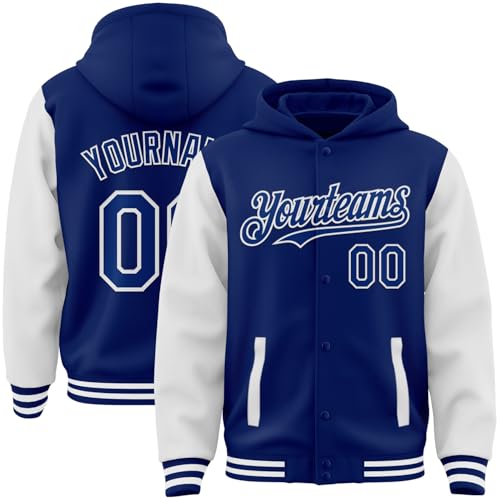 Custom Royal Blue White 2Tone Fashion Varsity Jacket, Stitched Personalized Blend Cotton Lightweight Letterman Baseball Bomber Jackets Leather & Poly Sleeve Full-Snap Hooded Coats for Men Women Youth
