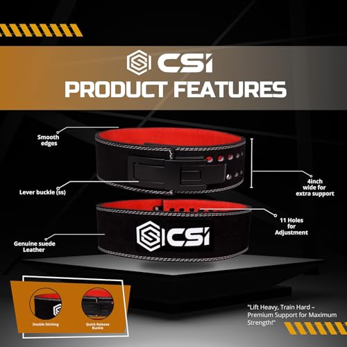 Image of CSI 13MM Weight Lifting Adjustable Black Lever Belt for Men & Women Genuine Suede Leather with Heavy Duty Buckle, Professional Weight Liftingbelt. Powerlifting Belt for Men & Women for Lower Back Support, Multipurpose Gym Workouts Deadlifts Squats Powerlifting 4 inch Wide Black Gym Belt (XL)