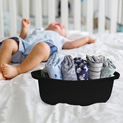 Image of Small Woven Gift Basket, Baskets for Gifts Empty, Cotton Rope Cat Dog Toy Bin Box, Nursery Baby Organizer, Wicker Easter Basket with Handle, Shelf Storage Bin for Decor, Black, 12 inchx 8 inchx 5 inch