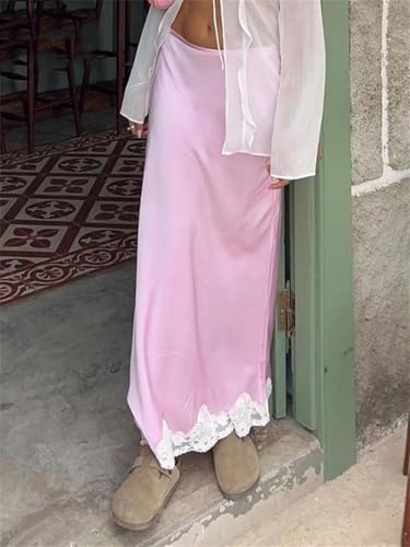 Women Elegant Pink Lace Casual Low Waisted Patchwork Skirts Streetwear Straight Ankle-Length Skirt2