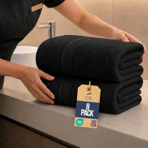Image of Bulk 8-Pack Commercial Jumbo Bath Sheets, 35 inch x 70 inch, 600 GSM, Black | For Vacation Rentals & Luxury Suites - 100% Ring-Spun Cotton with Plush Comfort & High Absorbency