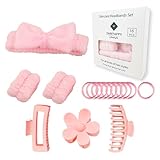 Zaritaffy 16pcs Skincare Headband Set, Headband Set for Face Washing Spa and Makeup, Including 1 Hairband, Wristband, 3 Hair Claw Clips and 10 Hair Ties, with Box, Gift for Women and Girls, Pink