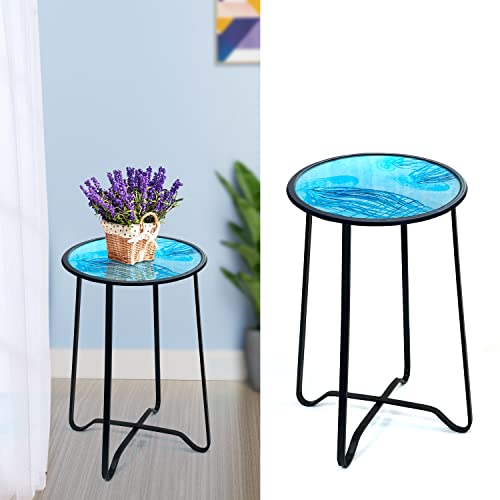 Liffy Outdoor Side Tables For Patio-Small Mosaic Patio Table, Jellyfish 14” Accent Round Side Table Glass Plant Stand For Garden Patio Living Room,Small Pool Patio Outdoor Side Table #TOP17