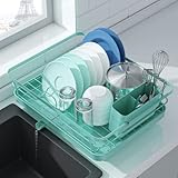 Kitsure Dish Drying Rack- Space-Saving Dish Rack, Dish Racks for Kitchen Counter, Durable Stainless Steel Drying Rack with a Cutlery Holder, Drying Rack for Dishes, Knives, Spoons, and Forks, Green