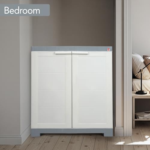 Image of Cello Novelty Compact Bookshelf, White & Grey | 2 Dustproof Doors | Space Saving Cupboard | Plastic Book Shelf | Multipurpose Book Shelf for Home, Office | Book Organizer for Library