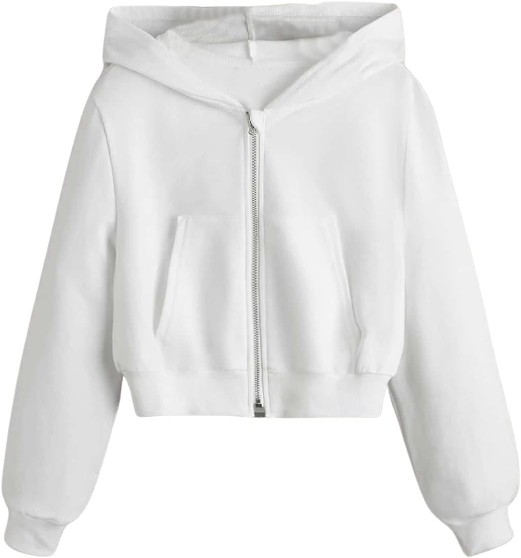 WDIRARA Girl's Zip Front Hoodie Pocket Casual Long Sleeve Sweatshirt Cropped Tops