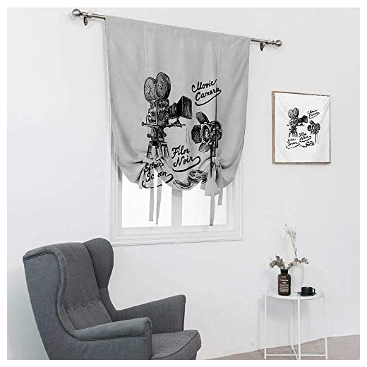 GugeABC Film teater kök fönstergardiner, filmtema konstverk med gammal kamera och utrustning silver skärmrum mörknande romerska nyanser, svart vit, 102 cm x 183 cm