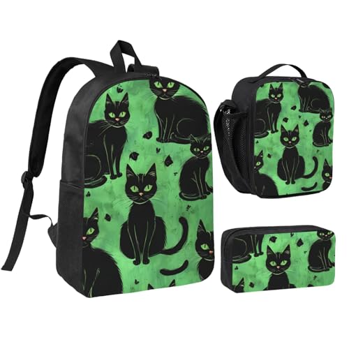 Cartoon Cat print Backpack Bookbag for Daily Use,3 Pcs Backpack Set with Lunch Box and Pencil Case