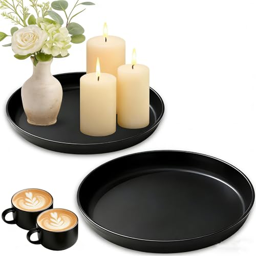 2 PCS Black Round Tray, Black Tray, Candle Trays for Living Room Modern Farmhouse Decor Coffee Table Trays for Jewelry Fruit Bowl Living Room Accessories Home Decoration ﻿