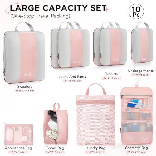 Image of OlarHike 10-Pack Compression Packing Cubes for Travel Essentials,Compressible Expandable Packing Cubes for Suitcase,Luggage Garment Bags for Travel,Handy Helper for Organizing Clothes(Pink)