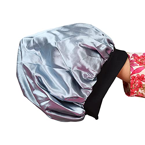Image of Satin Silk Premium Sleeping caps, Comfortable & Soft Double layered Streachable Hair Bonnets For All Head Sizes & Hair Type, Night Care Routine - Pack Of 1 Pcs - Silver