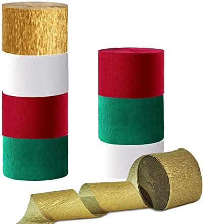 IGUO 8 Rolls Christmas Party Supplies Crepe Paper Streamers,Green Red White Gold 82-Feet Paper Tassels for Colorful New Years Engagement Bachelorette Baby Shower Favors Party Hanging Decorations